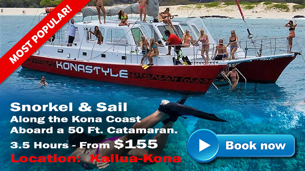 Snorkel and Sail. Along the Kona Coast. Aboard a 50 foot Catamaran. 3.5 Hours. Location: Kona